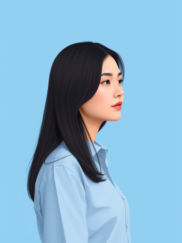 Create a digital illustration of a woman with shoulder-length dark hair, wearing a light blue shirt, standing against a solid blue background, slightly positioned to the left, using a soft focus effect, 35mm lens, f/2.8 aperture, natural lighting with a warm tone.