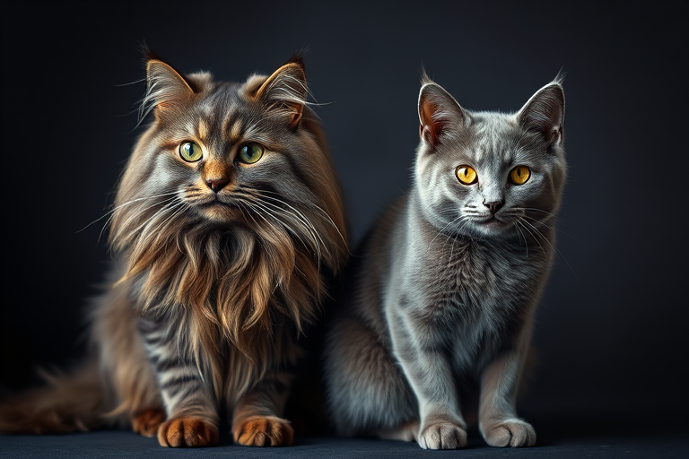 Regenerate a high-quality image of a Maine Coon and a Russian Blue cat sitting side by side in soft lighting, shot with a DSLR camera at f/2.8 aperture, ISO 100, 50mm lens, and a shallow depth of field, using a studio backdrop for a dramatic effect.
