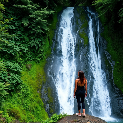 Scenic waterfall surrounded by lush greenery, a woman standing at the edge, gazing at the cascading water, creating a moment of reflection and peace.