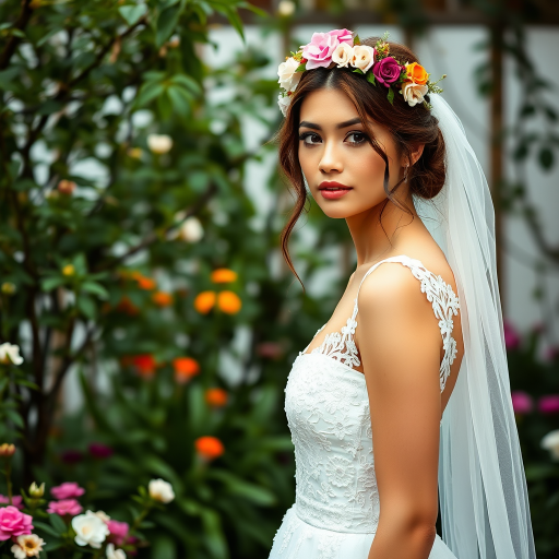 Garden scene, bridal model, delicate lace gown, floral headpiece, soft romantic focus, high-key lighting and an 85mm lens for soft, even tones that highlight the model’s face and bright outfit against a white or light background