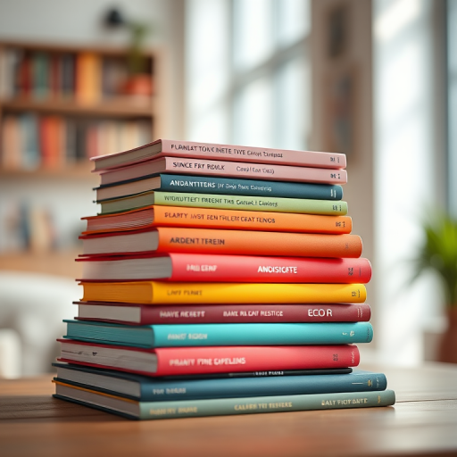 Create a vibrant image of stacked colorful books in a bright, well-lit environment, using a Canon EOS R camera, 50mm lens, aperture f/2.8, ISO 100, and a shallow depth of field for a blurred background effect.