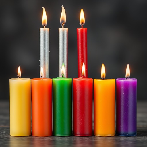 Create a high-resolution image of eight colorful candles arranged in four rows, each with a different color: yellow, silver, purple, red, green, blue, orange, and violet, using a DSLR camera with a 50mm lens, aperture f/2.8, ISO 100, and a soft focus background for enhanced detail and clarity.