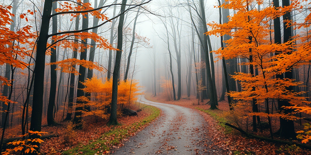 Generate an image of a winding forest path in autumn with vibrant orange and yellow leaves, soft fog rolling in, captured with a DSLR camera at f/8, ISO 200, shutter speed 1/125 sec, taken from a low perspective to emphasize depth in the scene.