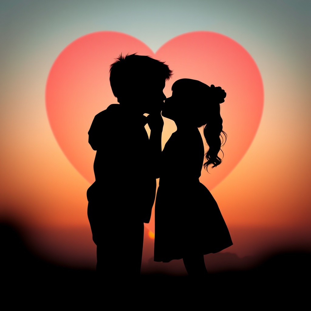 Create a high-resolution image of a silhouette of a boy and girl kissing in front of a heart shape, using a DSLR camera with an aperture of f/2.8, ISO 100, 50mm lens, soft focus style, and a portrait view.