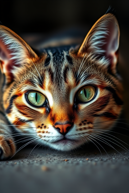 Close-up shot of a tabby cat lying on the ground with vibrant green eyes, high contrast lighting that highlights the textures of its fur, camera settings: f/2.8 aperture, 50mm lens, ISO 100, shutter speed 1/200s, soft focus background, DSLR camera type, studio lighting style.