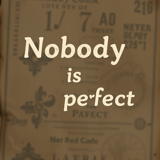 Create an artistic poster featuring the text "Nobody is perfect" in a playful font, with a vintage style backdrop, shot with a Canon EOS R, f/5.6, ISO 100, and 35mm lens, in a soft focus with a textured background to enhance depth.