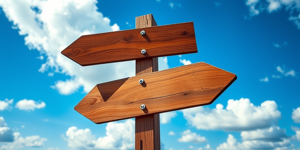 Create an image of a wooden directional sign against a bright blue sky with fluffy clouds, captured with a DSLR camera at f/8 aperture, 1/200 second shutter speed, ISO 100, in landscape orientation, with enhanced contrast and sharpness for clarity.