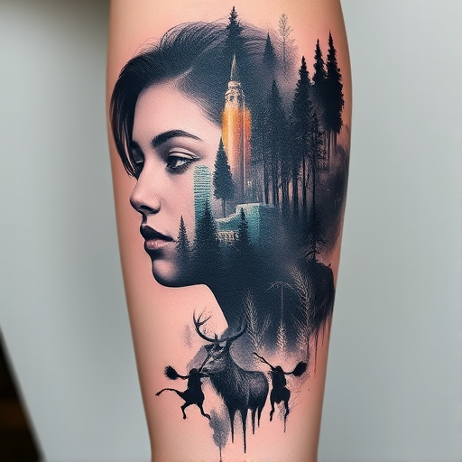 Surrealist double exposure tattoo, "Dreamscape Fusion," blending two distinct images seamlessly, such as a portrait with a cityscape or a forest scene with wildlife, using a mix of realistic and abstract elements in grayscale with pops of vibrant color