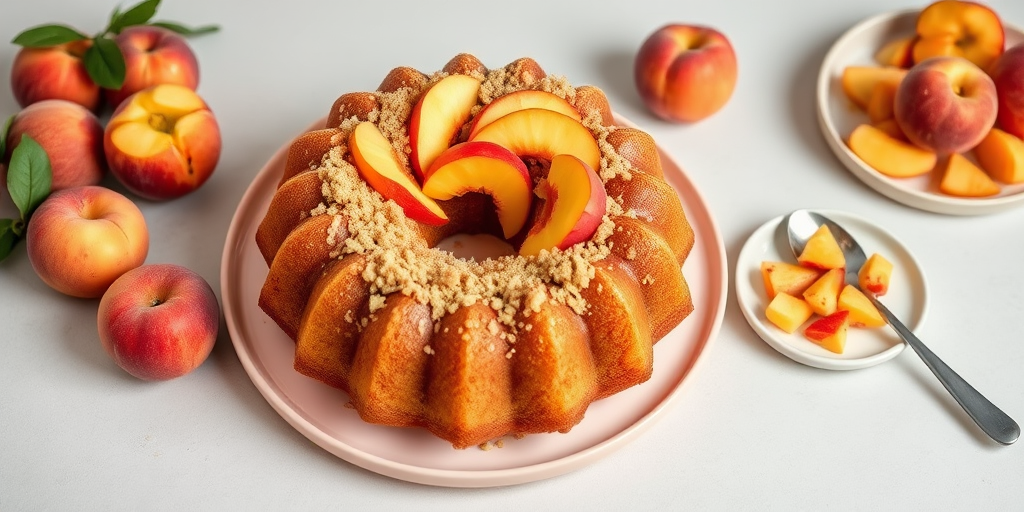 A beautiful bundt cake topped with peach slices and a crumbly topping placed on a light pink plate surrounded by fresh peaches and a small plate of diced peaches with a spoon on a neutral background.