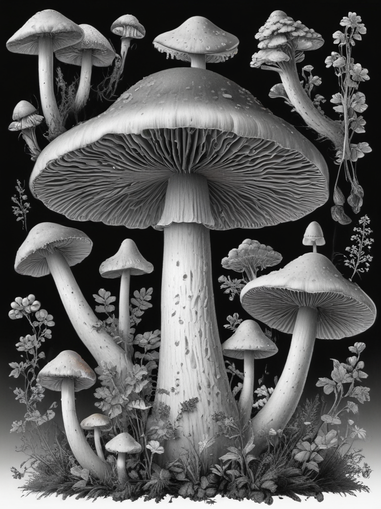 Intricate Black and White Illustration of Various Unique Mushroom Species