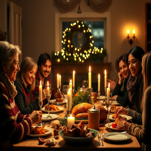 Warmly lit image of a family gathered around a dinner table for a holiday meal, soft glow from candles illuminating their faces, the smell of roasted turkey and sweet potatoes filling the air.