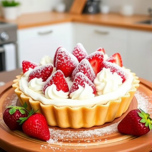 A beautifully crafted strawberry tart topped with whipped cream and dusted with powdered sugar, placed on a wooden serving platter, with fresh strawberries on the side and a bright kitchen background.