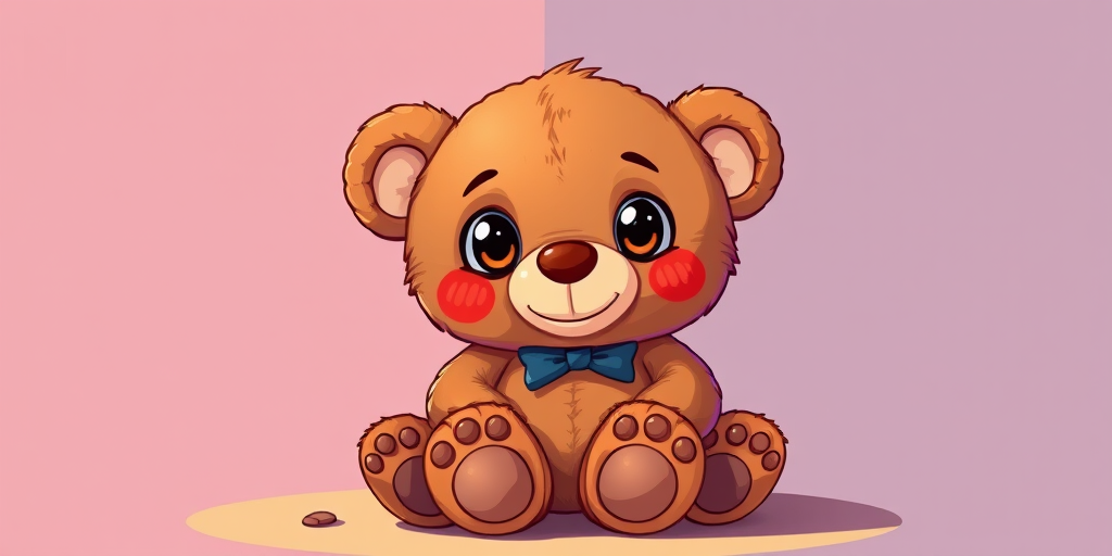 Create a vibrant illustration of a brown teddy bear sitting down with large eyes, using a 50mm lens, f/2.8 aperture, ISO 100, soft natural lighting, perspective view, digital illustration style.