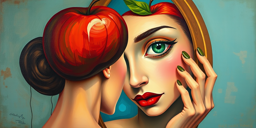 Abstract Surrealist cubist painting depicting a woman with green eyes and a red apple on her head looking at herself in the mirror
