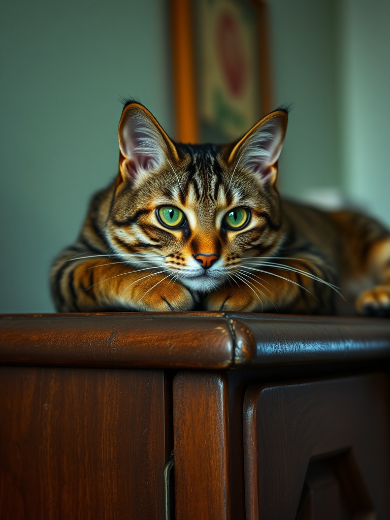A tabby cat with bright green eyes lounging on a vintage wooden cabinet, low-key lighting, shot with a 50mm lens at f/1.8, ISO 100, 1/125 sec, taken with a DSLR camera, soft focus background.