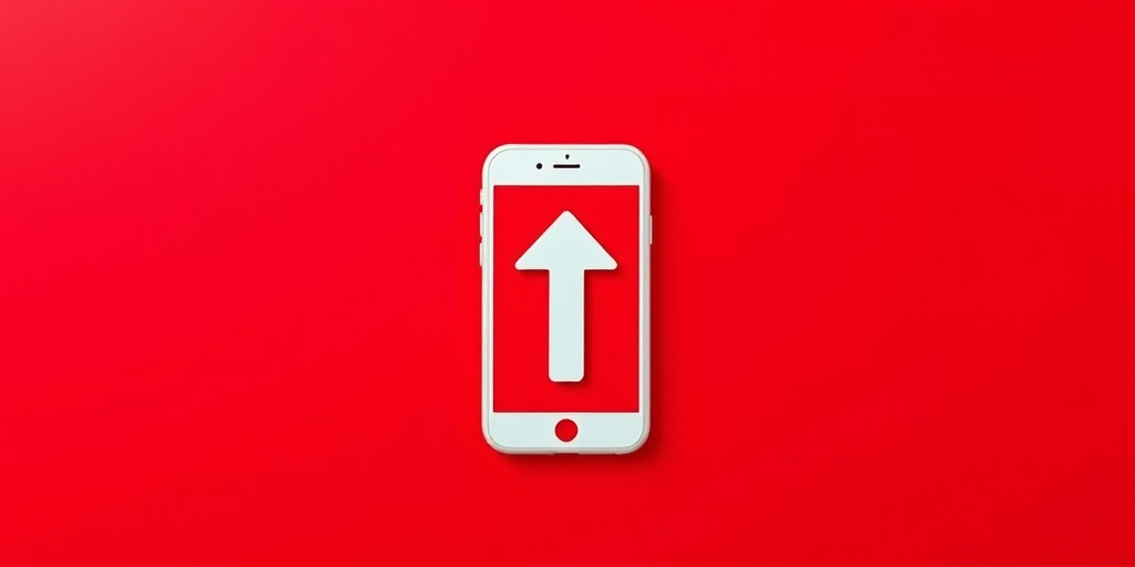 Create a vibrant, minimalist icon of a smartphone with an upward arrow, centered on a bright red background, using a Canon EOS R6 with a 50mm f/1.8 lens, at ISO 100, f/4, and a focal length of 50mm, shot from a straight-on view for clarity and impact.