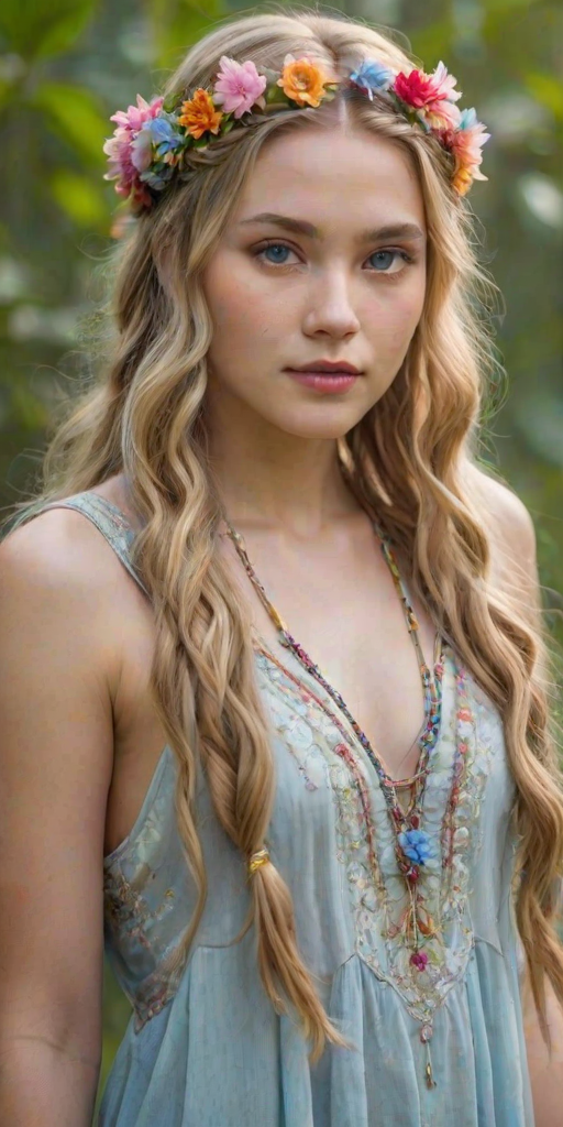 Create an image of a young Lao woman with long, wavy blonde hair, adorned with small, colorful flowers woven into her braids and loose strands. Her complexion is fair, with soft, glowing skin, and she has light blue eyes that gaze softly at the viewer. She wears a light, flowing dress with a gentle, ethereal quality, complementing her delicate and serene appearance. The background is slightly blurred, drawing focus to her tranquil expression and the intricate details of the flowers in her hair. The overall mood of the image is one of natural beauty and grace, evoking a sense of peacefulness and connection with nature.