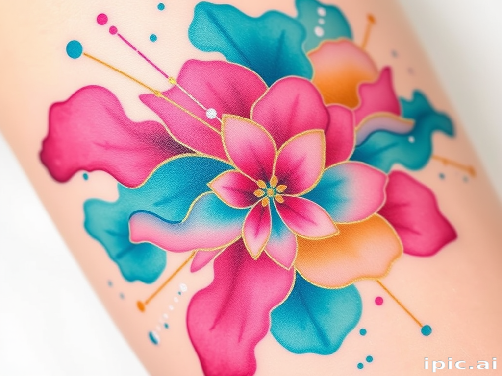 Vibrant watercolor splash tattoo named "Chromatic Cascade" featuring fluid, overlapping hues of teal, magenta, and gold, creating an abstract floral pattern with delicate linework accents and subtle white highlights