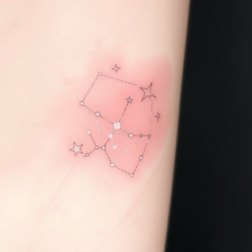 Ethereal white ink constellation tattoo titled "Celestial Whisper" depicting a delicate arrangement of stars and celestial bodies connected by fine, barely visible lines that seem to float just beneath the surface of the skin, creating a subtle and dreamlike effect that appears to glow softly in certain lights, perfect for those seeking a discreet yet enchanting tattoo design