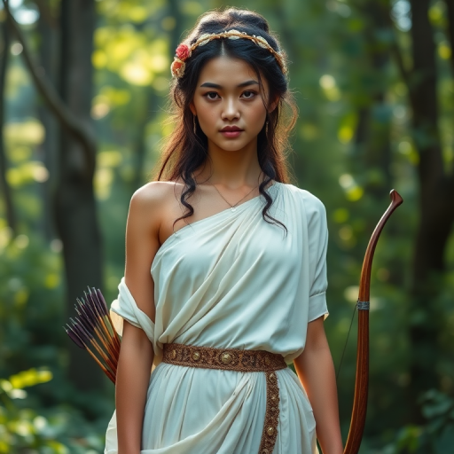 Create a portrait of a goddess-like Maori girl figure in a tranquil, forested environment. She has an elegant appearance with long, wavy hair styled in an updo and adorned with a delicate, floral headband. She wears a flowing, ancient Greek-inspired gown in a soft, pale color, featuring a one-shoulder design and draped fabric that accentuates her graceful form. The outfit includes a decorative belt with ornate gold detailing, and she holds a bow in her hand, with a quiver of arrows slung over her shoulder. The background depicts lush greenery, with sunlight filtering through the trees, casting a gentle, ethereal light on the scene. Her expression is calm and contemplative, embodying a sense of wisdom and serenity.