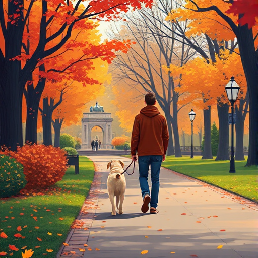 Create a digital illustration of a person walking a dog in a park during autumn, with colorful falling leaves, using a 50mm lens, f/2.8 aperture, ISO 100, natural lighting, and a vibrant color palette to enhance image quality.