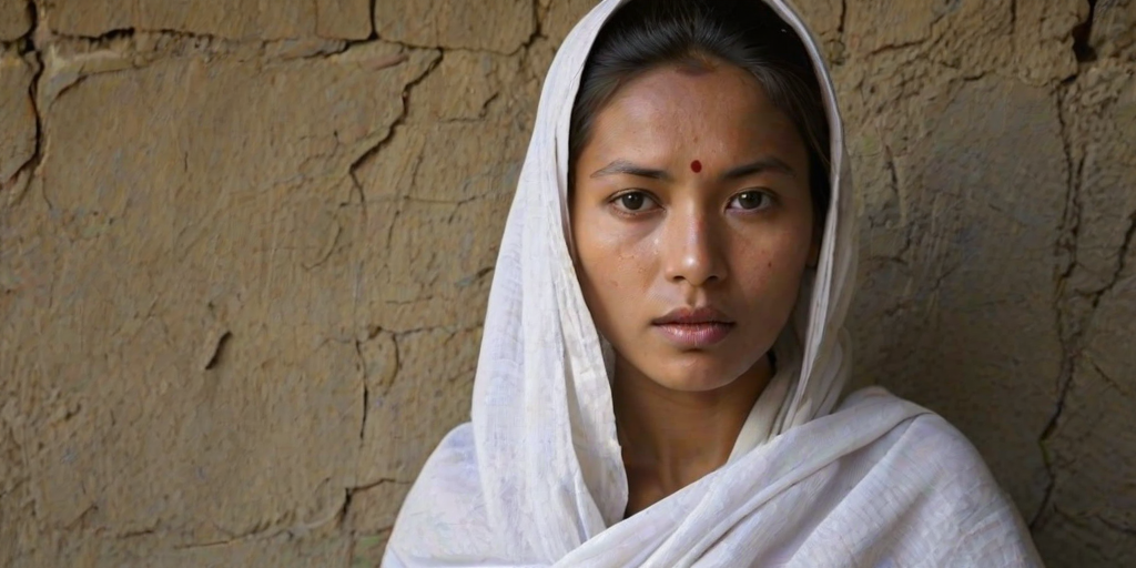 Create a close-up photographic image of a Nepali woman with light skin tones shown against an old, worn wall. Their head is wrapped in a white cloth covering (i.e.... parts of the head except the nose and mouth, which are open as if they are screaming...), with a slight texture and visible folds in the fabric. Thin strands of blonde hair escape from the wrapping above, falling lightly at the top and sides. Their hands hold the fabric as if they are tugging nervously. The lighting is dramatic and even, casting strong shadows. The image has a minimalist and surreal style with an emphasis on simplicity with soft color tones. The composition is centered.