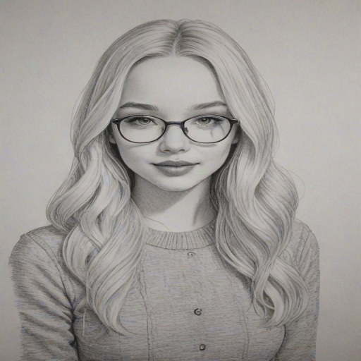 Magnificent Dove Cameron, pencil sketch, portrait of Lovely woman 1973s in glasses, hair style beatnik, outline, clear lines, fine lines, 8k