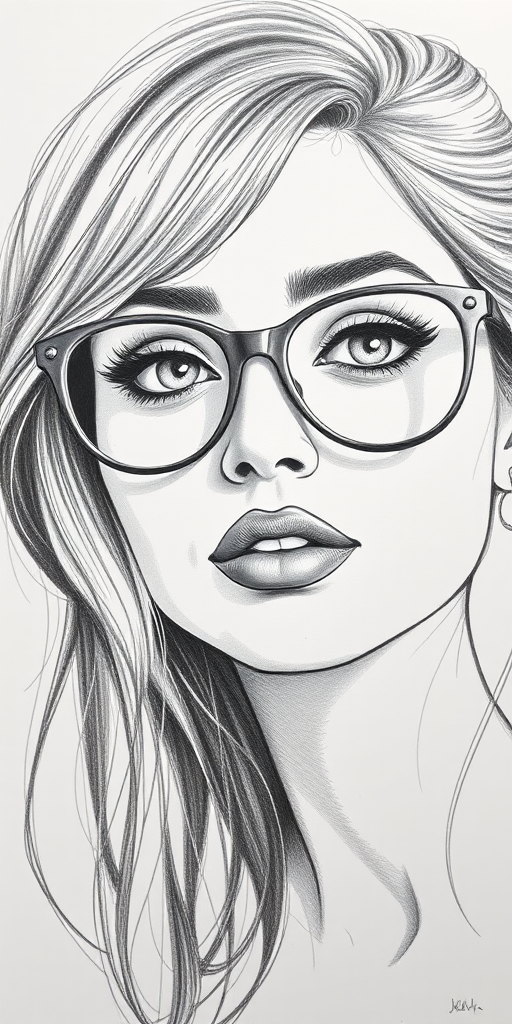 hot mia khalifa, pencil sketch, portrait of beautiful woman 60s in glasses, hair style beatnik, outline, clear lines, fine lines, 8k