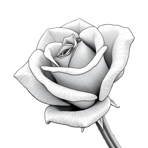 Create a detailed black and white illustration of a rose with intricate line work, shot with a macro lens at f/8, ISO 100, shutter speed 1/125s, in a side view to emphasize the texture and depth of the petals, using a DSLR camera with a high-resolution setting.