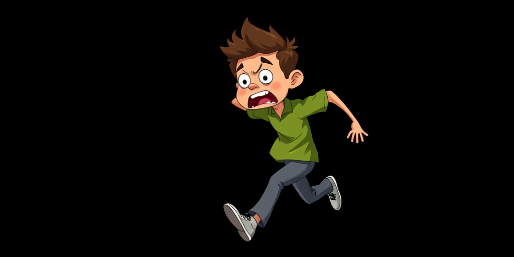 Create a cartoon character of a person running with a fearful expression, wearing a green shirt and gray pants, against a solid black background, captured with a DSLR camera at f/4 aperture, 50mm lens, ISO 100, and natural lighting to enhance vibrancy and clarity.
