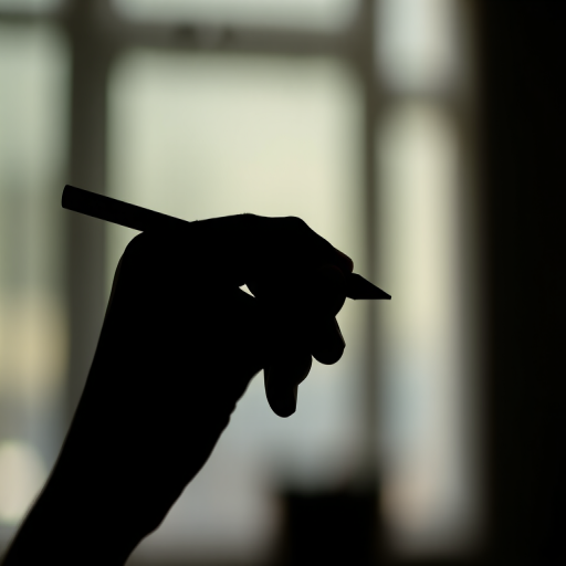 Generate a high-quality image of a stylized black silhouette of a hand holding a pencil, captured with a Canon EOS R5 at f/2.8, ISO 100, 1/200 sec, in a close-up view with soft lighting and a slightly blurred background.