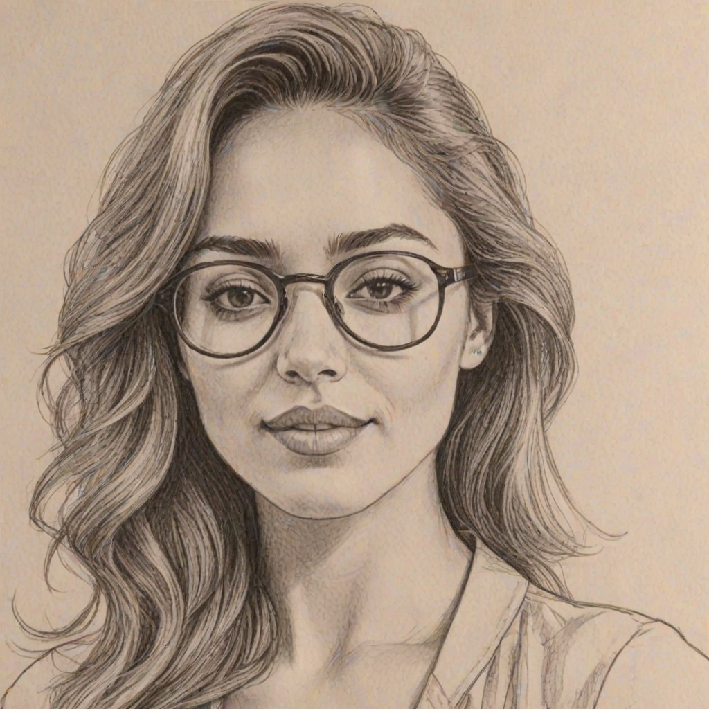 Ravishing Lindsey Morgan, pencil sketch, portrait of Fetching woman 1976s in glasses, hair style beatnik, outline, clear lines, fine lines, 8k