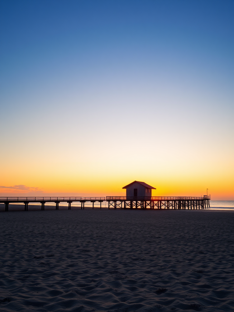 a beach scene featuring a wooden pier house at sunset with an orange sky and calm water reflection, taken with a DSLR camera at f/8, ISO 100, 1/200s, using a wide-angle lens for a panoramic view and enhanced sharpness