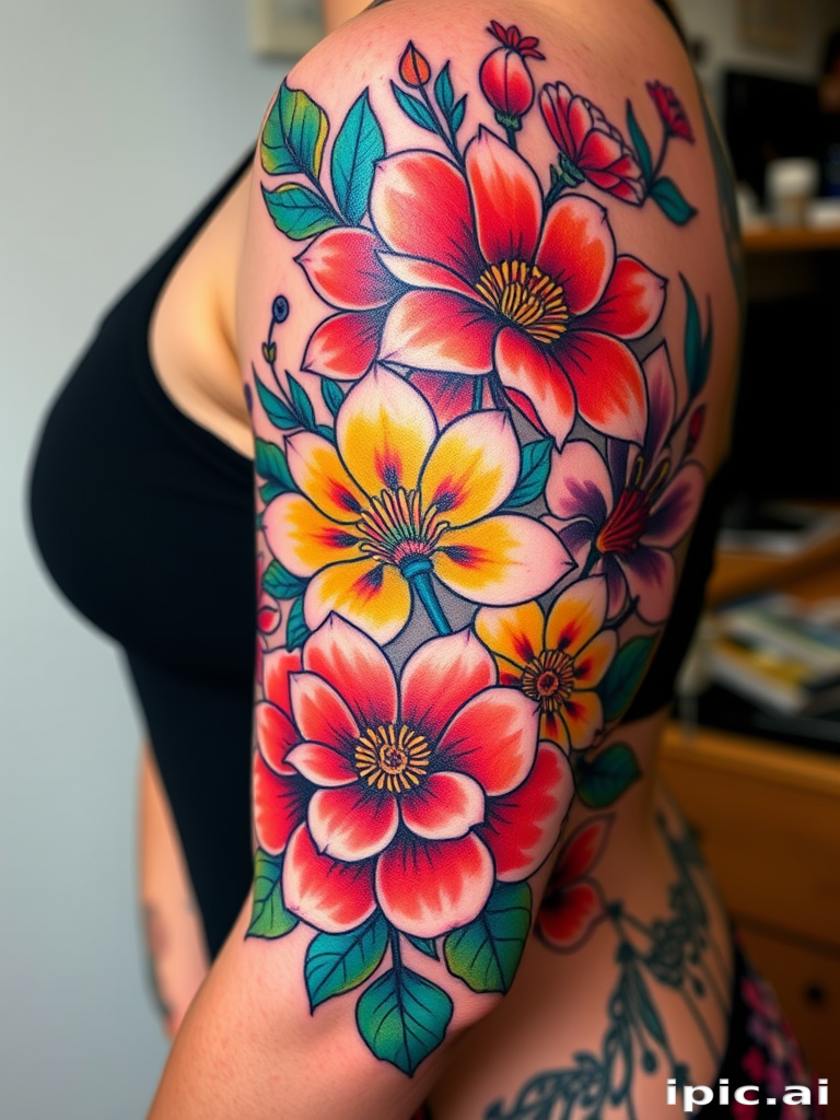 Colorful neo-traditional "Floral Fusion" tattoo combining bold outlines with vibrant hues, incorporating lush flowers and decorative elements for a timeless yet contemporary style