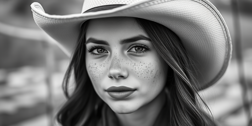 Regenerate a black and white portrait of a young woman with freckles wearing a cowboy hat, captured with a Canon EOS R5, 85mm lens, aperture f/1.4, 1/200s shutter speed, shallow depth of field, soft focus background, natural lighting.
