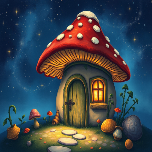 this picture is illustration of a mushroom house with a door and a window, a storybook , fantasy art, mushroom house, bg starry sky, sparkles
