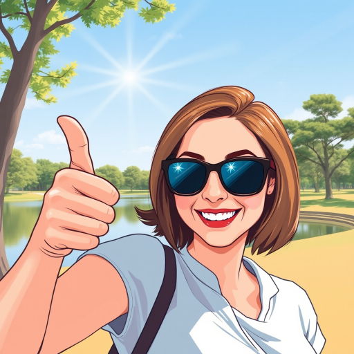 Create an illustration of a smiling woman with shoulder-length hair wearing sunglasses, giving thumbs up in a park setting with a lake and trees in the background, use vibrant colors, emphasize sun rays in the sky, shot with a Canon EOS R5, 35mm lens, f/1.8 aperture, with a bright and cheerful atmosphere.