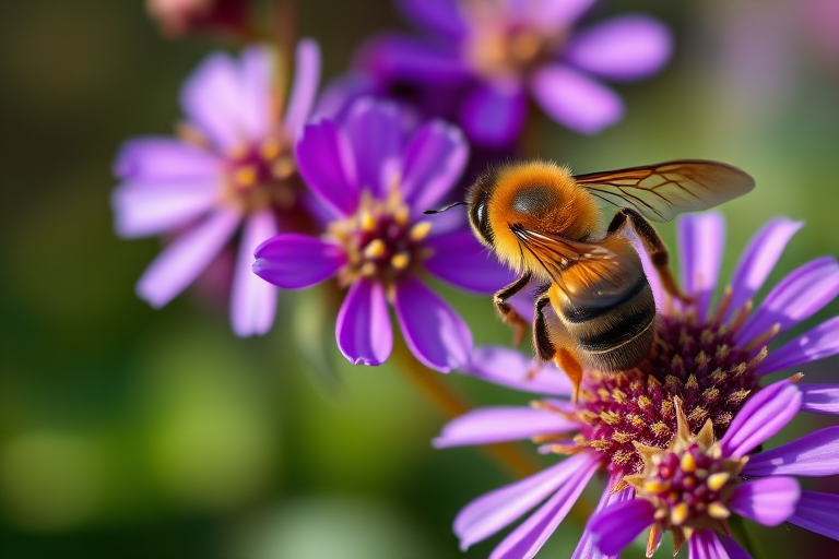 macro shot of a bee collecting nectar from vibrant purple flowers in soft focus background, aperture f/2.8, shutter speed 1/500s, ISO 200, 100mm lens, natural light, DSLR camera