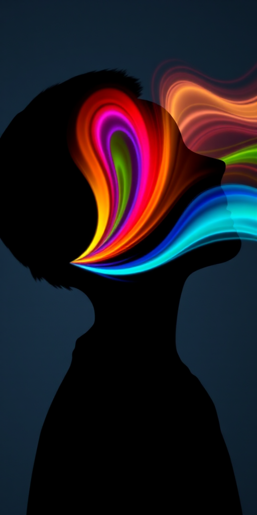 Generate an image of a profile silhouette of a person's head facing right with vibrant, swirling colorful lines emanating from the mouth, shot with a DSLR camera at 50mm focal length, aperture f/1.8, ISO 100, with a shallow depth of field for a smooth background blur and high contrast colors.