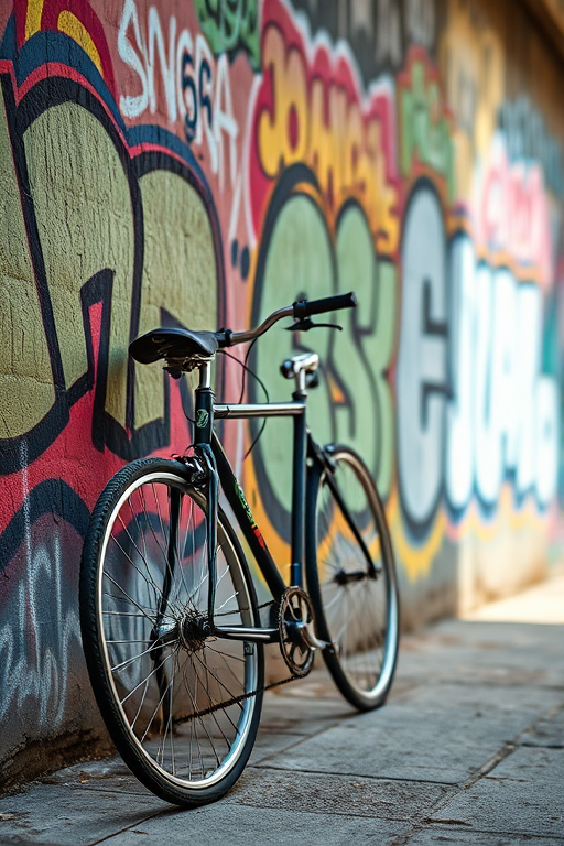 Capture a vibrant photo of a bicycle parked against a graffiti-covered wall, using a DSLR camera with 50mm lens at f/2.8 aperture, ISO 200, and shutter speed of 1/125 sec, in soft natural lighting from the side to enhance colors and details.