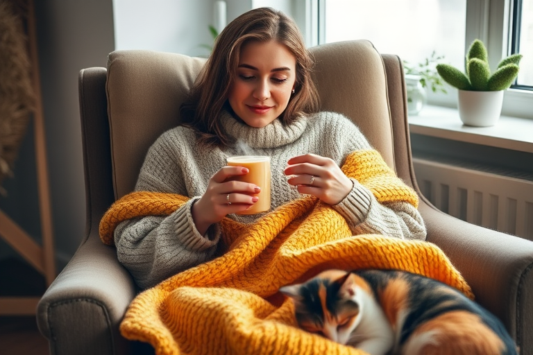 A cozy indoor scene of a woman in a chunky sweater sitting in a comfortable chair, holding a warm drink with steam rising, wrapped in a soft, textured yellow blanket, with a sleeping cat at her feet, soft natural lighting, focus on the woman's expression, 50mm lens, f/2.8 aperture, ISO 200, shallow depth of field.