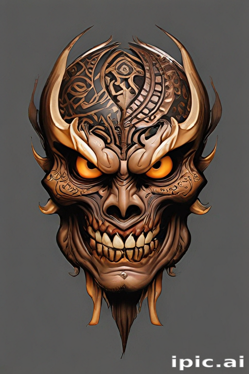 Intricate Demon Mask Design Featuring Fiery Eyes and Elaborate Patterns