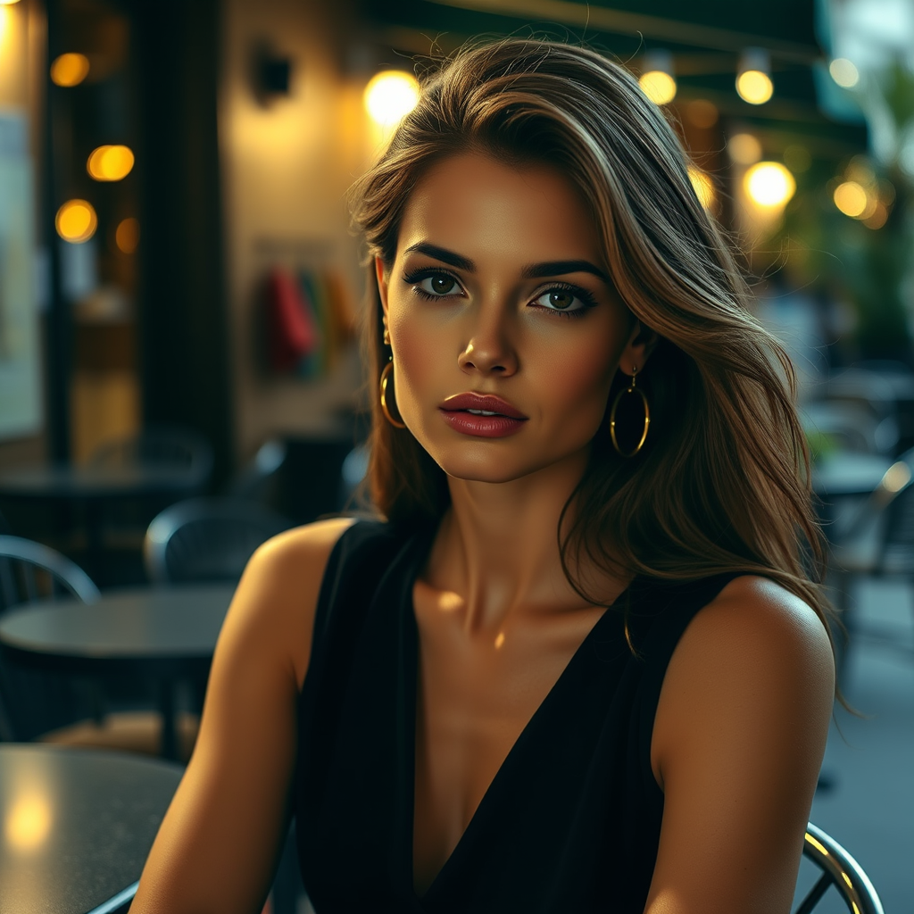 photo of young [woman:angelina jolie:0.4], highlight hair, sitting outside restaurant, wearing dress, rim lighting, studio lighting, looking at the camera, dslr, ultra quality, sharp focus, tack sharp, dof, film grain, Fujifilm XT3, crystal clear, 8K UHD, highly detailed glossy eyes, high detailed skin, skin pores