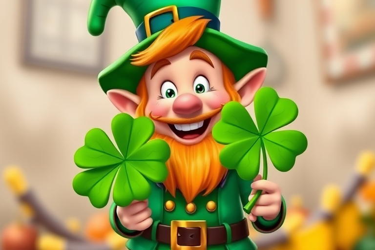 Create a vibrant, cartoon-style image of a cheerful leprechaun holding a shamrock, using a DSLR camera, f-stop 4, 50mm lens, natural lighting, and a slightly blurred background to enhance focus on the leprechaun.