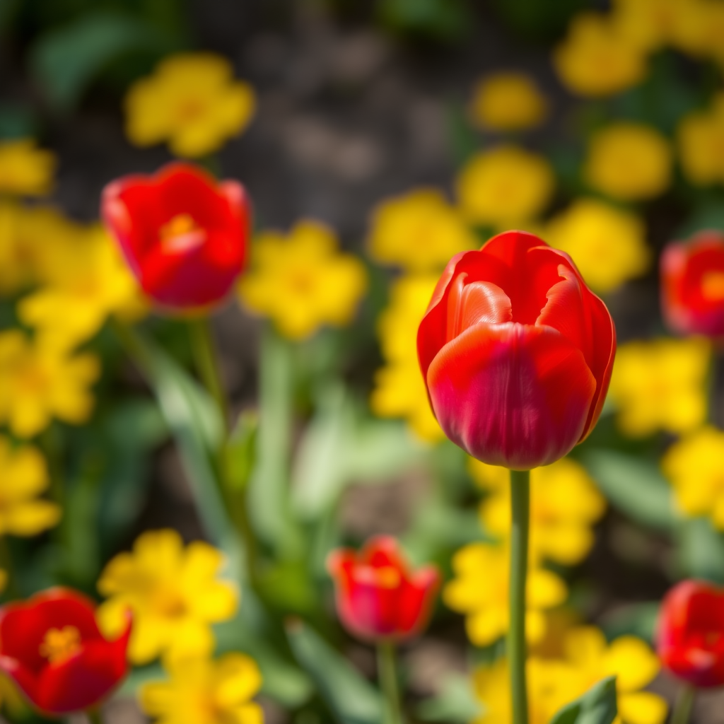 capture a vibrant red tulip against a backdrop of yellow flowers with a shallow depth of field, use a 50mm lens, aperture f/1.8, shutter speed 1/200, ISO 100, shot from a top-down perspective, DSLR camera, natural light