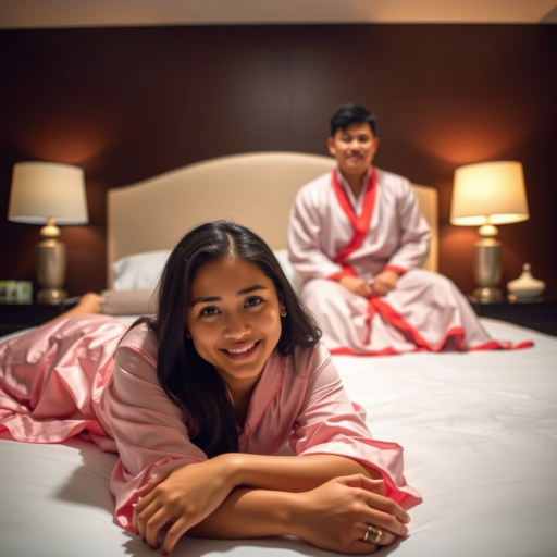 A man and a woman are lying on a bed in a dimly lit bedroom. The woman is in the foreground, lying on her stomach and looking directly at the viewer with a smile. She is wearing a pink silk robe and has long black hair. The man is sitting up in the background, looking directly at the viewer with a neutral expression. He is wearing a white silk robe with a red trim and has short black hair. The bed is white and has a white pillow at the head of the bed. There are two lamps on nightstands on either side of the bed, and the walls are a dark brown. The overall atmosphere is warm and inviting, with a soft focus on the subjects.