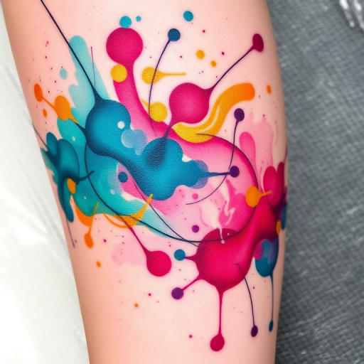 Vibrant watercolor splashes form an intricate "Chromatic Symphony" tattoo, blending hues of teal, magenta, and gold in a fluid, abstract design. Delicate brushstrokes create a sense of movement, while fine black linework adds depth and definition to the colorful chaos. This bold and expressive piece showcases the artist's mastery of color theory and freeform style.