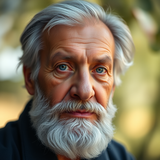 portrait of an elderly man with gray hair and a beard, soft bokeh background, natural lighting, Nikon D850, 85mm f/1.4 lens, aperture f/2.8, ISO 200, focus on eyes, shallow depth of field