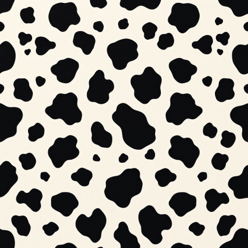 Generate a high-resolution seamless pattern of cow spots on a cream background, using a Canon EOS R5, 50mm lens, f/2.8 aperture, ISO 100, capturing in top-down view for even lighting and clarity.