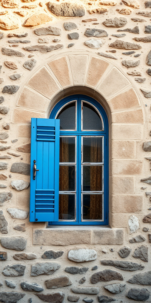 Regenerate a rustic stone wall with an arched window featuring blue wooden shutters slightly ajar, soft natural light illuminating the scene, focus on texture and detail, shot with a DSLR camera at f/8, ISO 200, 50mm lens, in a slightly low angle view to emphasize the window.